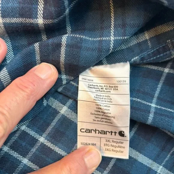 Carhartt Mens Relaxed Fit Blue Plaid Mens Button Flannel Down Sz 3XL - Picture 6 of 7